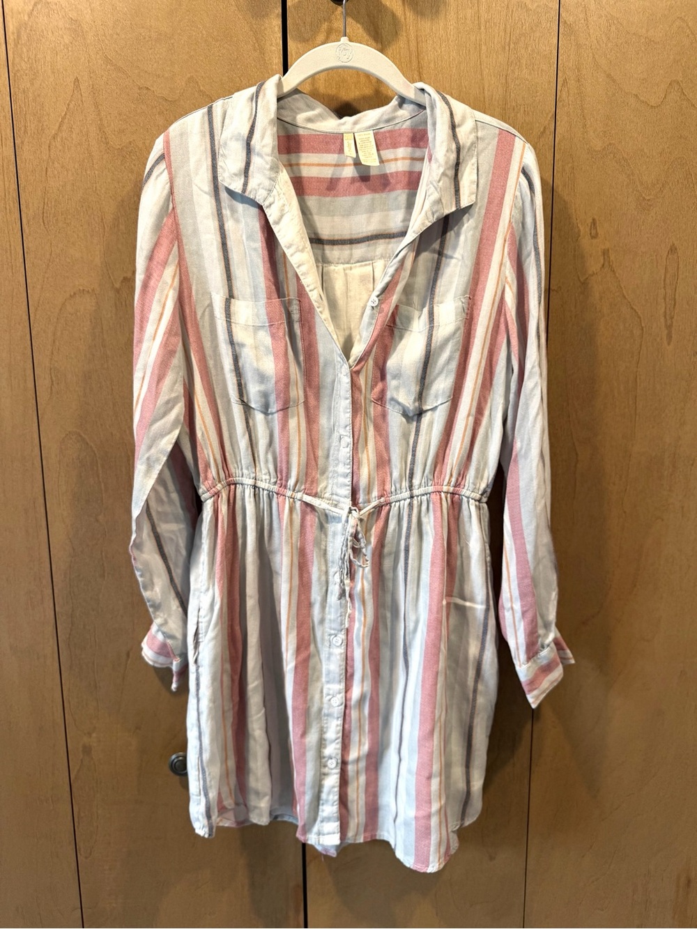 2/$15 JAPNA Striped Button-Front Shirt Dress in White, Pink & Blue lightweight